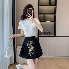 批发新中式国风钉珠重工刺绣短袖+夏季新款设计感盘扣流苏a字<b class='q'>半身</b>裙