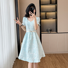 批发泡泡袖小香风<b class='q'>连衣裙</b>2026新款女夏高端精致提花面料高腰显瘦中长裙