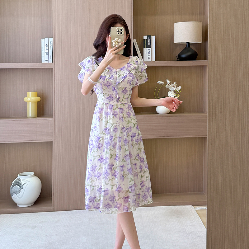 RY6088# 紫色碎花连衣裙夏季2026夏季新款荷叶边气质收腰显瘦裙女