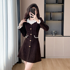 批发法式小香风复古女秋冬收腰<b class='q'>显瘦</b>内搭打底灯芯绒假两件连衣裙2026年
