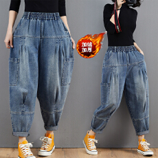 批发文艺大码 冬装新款加绒加厚牛仔哈伦<b class='q'>裤</b>女宽松显瘦<b class='q'>垮</b><b class='q'>裤</b>潮
