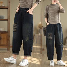 批发实拍 春夏新款松紧腰磨破牛仔<b class='q'>哈伦</b>裤时尚百搭垮裤女