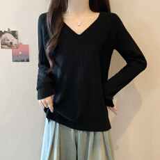 批发实拍 胖妹妹春装大码女装V领坑条针织衫显瘦纯色长袖减龄宽松上衣