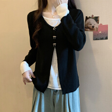 批发实拍 胖mm春装大码女装假两件撞色针织衫显瘦套头设计感显瘦上衣