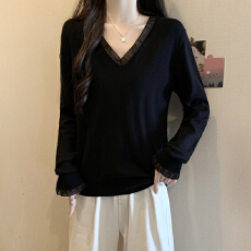 批发实拍 胖妹妹春装大码女装新款<b class='q'>欧根纱</b>黑色长袖宽松显瘦针织衫<b class='q'>上衣</b>