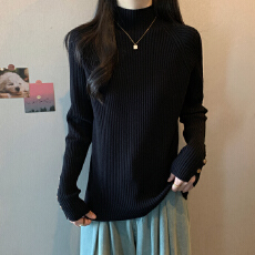 批发实拍胖mm<b class='q'>秋</b>装大码女装新款毛衣半高领坑条针织衫显瘦黑色长袖上衣