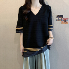 批发实拍 胖妹妹夏装<b class='q'>大码</b><b class='q'>女装</b>V领短袖T恤显瘦<b class='q'>韩版</b>宽松洋气遮肚子上衣