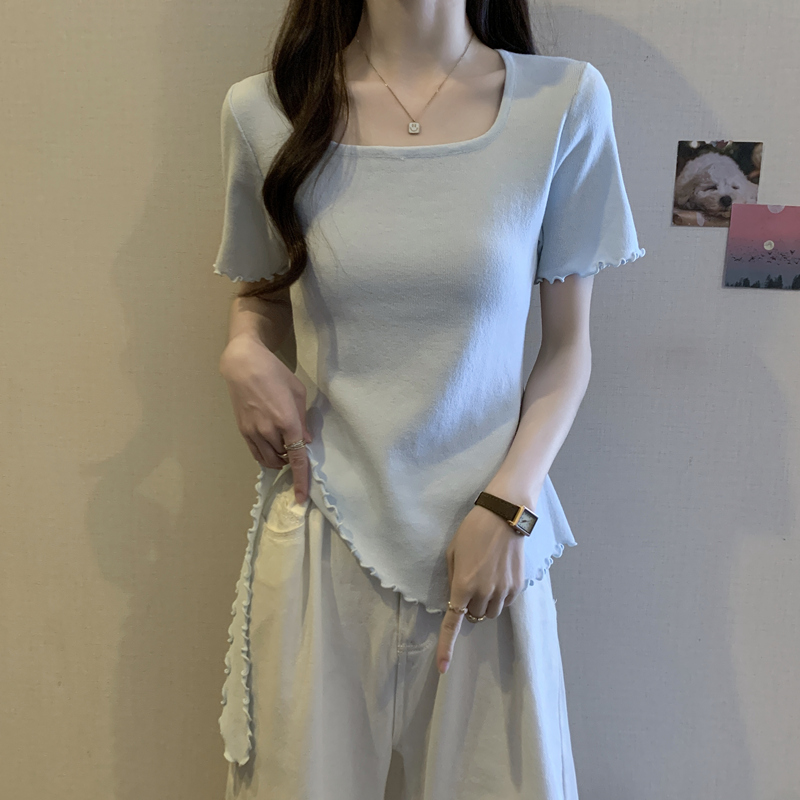 실사 지방 mm 여름 드레스 빅 사이즈 여성 의류 프릴 프랑스식 광장 칼라 반팔 티셔츠 불규칙 디자인 센스 맨위
