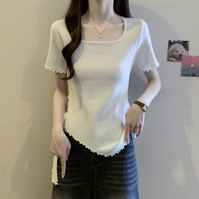 실사 지방 mm 빅 사이즈 여성 의류 여름 불규칙 디자인 센스 광장 칼라 프릴 반팔 티셔츠 슬림해 보이는 프랑스식 맨위