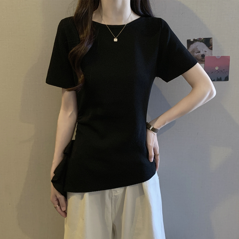 실사 지방 mm 빅 사이즈 여성 의류 여름 드레스 불규칙 반팔 티셔츠 슬림해 보이는 디자인 센스 라운드 넥 단색 슬림해 보이는 맨위