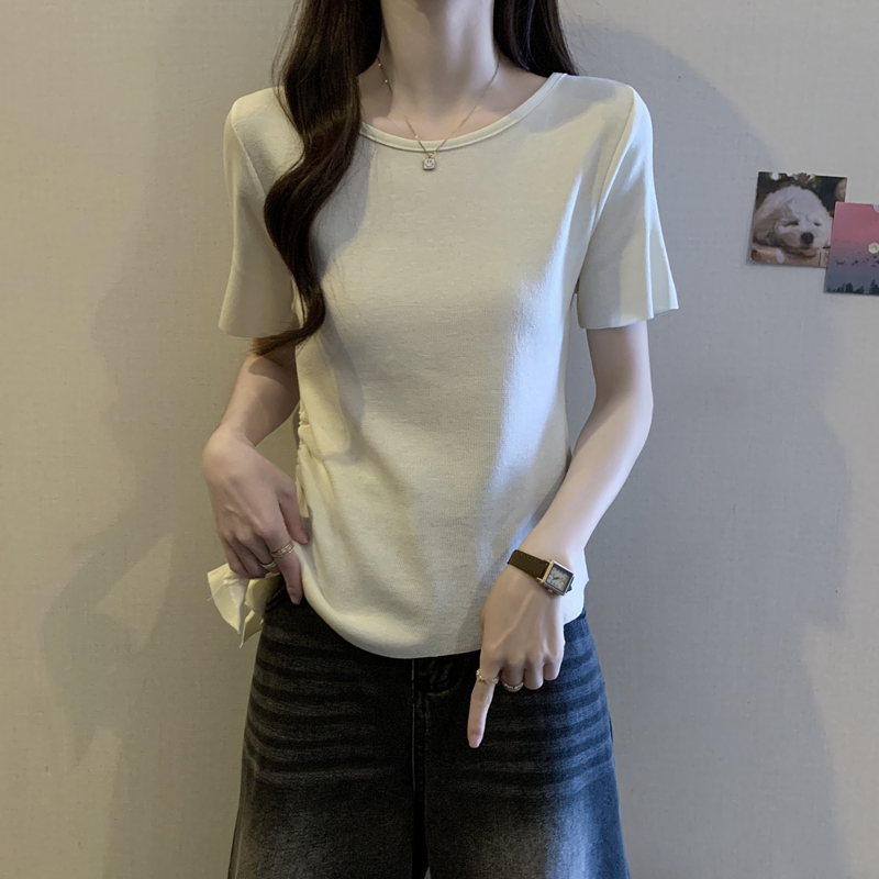 실사 지방 mm 여름 드레스 빅 사이즈 여성 의류 단색 불규칙 디자인 센스 반팔 티셔츠 슬림해 보이는 한국 스타일 연령 감소 맨위