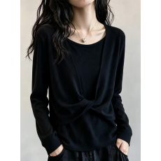 批发实拍 胖妹妹<b class='q'>大码</b>女装秋装假两件扭结针织衫显瘦正肩打底内搭毛衣