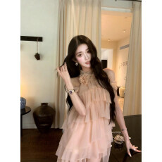 批发BarbChill「裸色芭蕾」挂脖蛋糕裙纱裙套装露肩上衣+半身裙/短裤