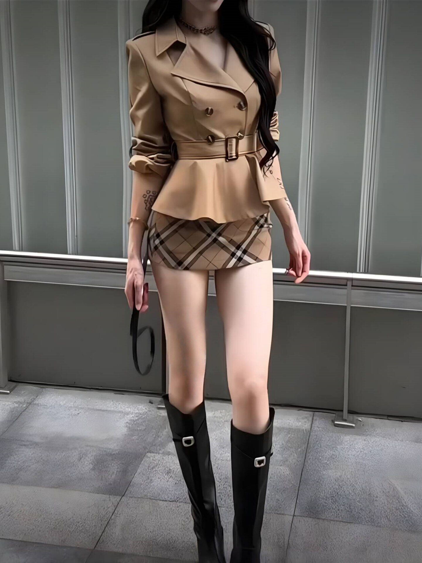 있음 선적 봄 허리 수축 고급 센스 카키 색 쇼트 스타일 재킷 재킷 체크무늬 타이트 스커트 반신 미니 스커트