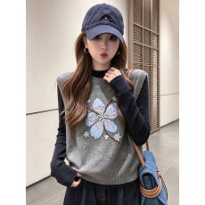 批发韩系精致<b class='q'>花朵</b>刺绣灰色针织马甲女士叠穿无袖<b class='q'>上衣</b>秋冬穿搭毛衣背心