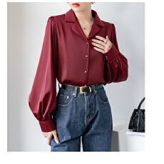 批发黑色缎面衬衫女2025秋新款宽松洋气上衣西装领设计感小众<b class='q'>长袖</b>衬衣