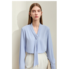 批发极简雪纺衫女2025<b class='q'>秋</b>新款通勤风小衫百褶V领飘带长袖直筒上衣