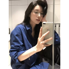 批发老钱风松弛感宝蓝色<b class='q'>衬衫</b>女秋季宽松休闲叠穿通勤<b class='q'>衬衣</b>气质长袖上衣