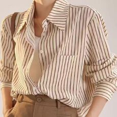 批发杏色竖条纹衬衫女2025年春秋新款<b class='q'>职业</b>通勤长袖衬衣高级感轻奢上衣