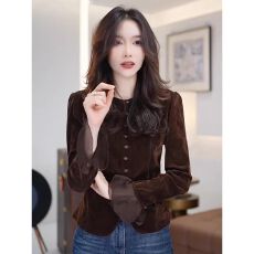 批发轻奢气质丝绒拼接网纱收腰<b class='q'>长袖</b>衬衫2025秋季高级感修身洋气衬衣女