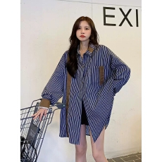 批发大码女装韩版条纹撞色衬衫外套女春秋新款复古宽松显瘦衬衣上衣潮