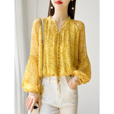 批发法式防嗮桑蚕丝黄色碎花宽松<b class='q'>真丝</b><b class='q'>衬衫</b>女设计感小众2026春季新款上
