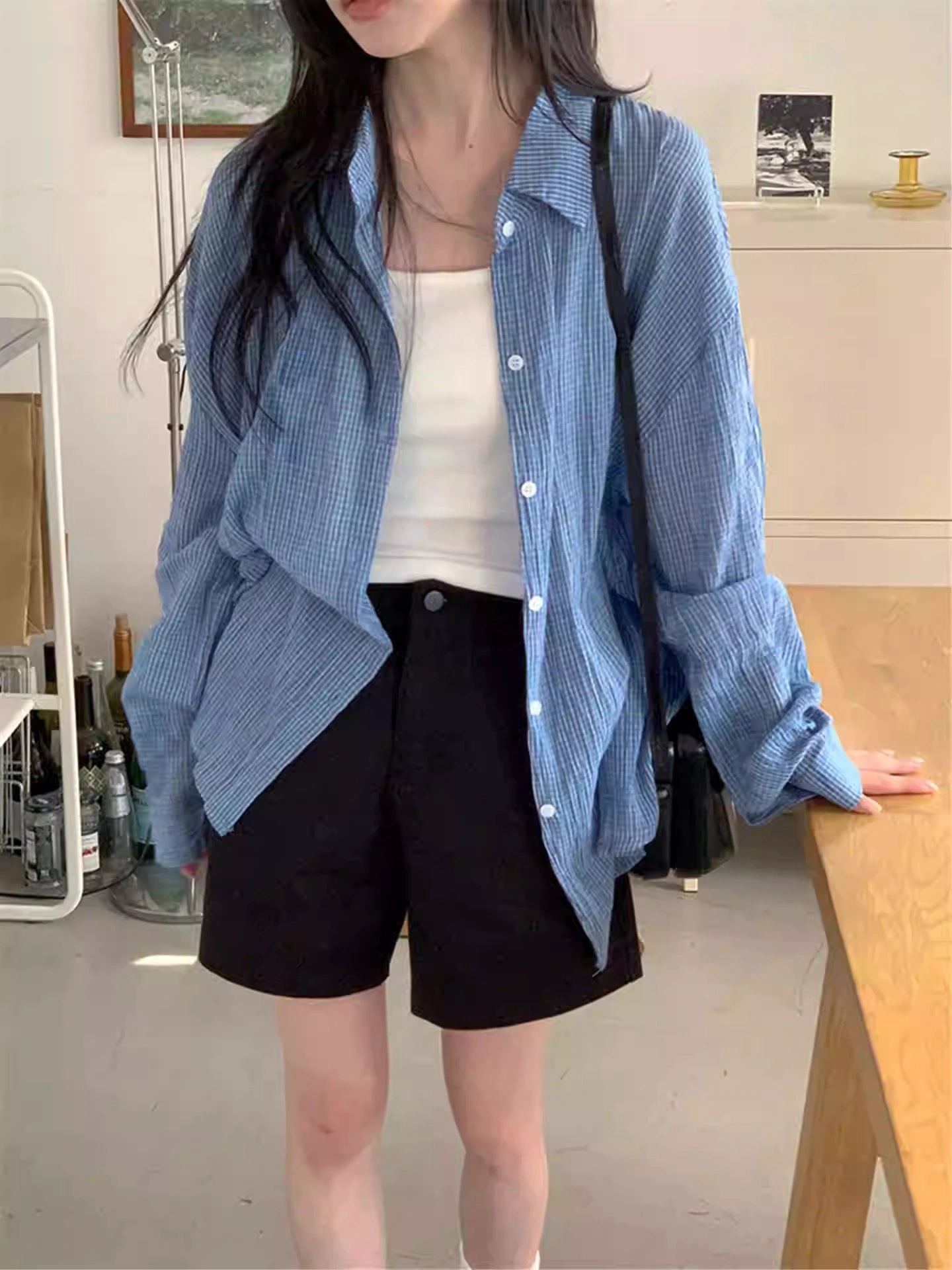 한 부서 느슨함 센스 체크무늬 여성 셔츠 여름 얇은 스타일 루즈핏 느긋한 바람 긴팔 자외선 차단 셔츠 재킷 캐주얼 맨위