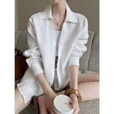 白色polo领长袖防晒衬衫女夏装2026夏季新款简约百搭休闲开衫上衣