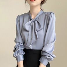 批发蓝色蝴蝶结<b class='q'>衬衫</b><b class='q'>女</b>设计感小众<b class='q'>职业</b>气质<b class='q'>衬衣</b>雪纺上衣<b class='q'>系带</b>春秋长袖