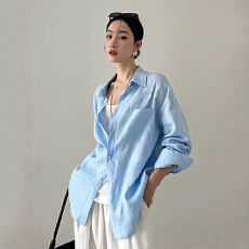 批发法式蓝色条纹<b class='q'>长袖</b>亚麻<b class='q'>衬衫</b>女春季2026新款宽松慵懒风防晒棉麻上衣