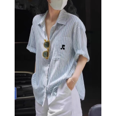 批发<b class='q'>韩版</b>条纹棉麻中袖衬衫慵懒风宽松衬衣女