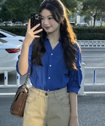 윌 오목함 모델링 ~ 중 여성 셔츠 2026 여름 폴로 칼라 거품 소매 허리 수축 셔츠