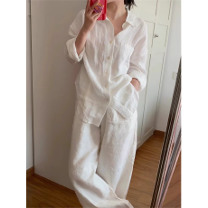 批发法式老钱风亚麻棉麻白衬衫<b class='q'>女</b>夏季宽松舒适透气开衫苎麻防晒衣外套
