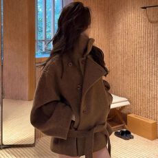 批发秋冬新款慵懒风纯色纽扣立领毛呢<b class='q'>外套</b><b class='q'>女</b>气质百搭休闲显瘦百搭<b class='q'>大</b>衣
