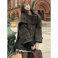 批发2026秋冬新款双面羊绒<b class='q'>大</b>衣<b class='q'>女</b>小个子英伦格子西装薄羊毛呢休闲<b class='q'>外套</b>