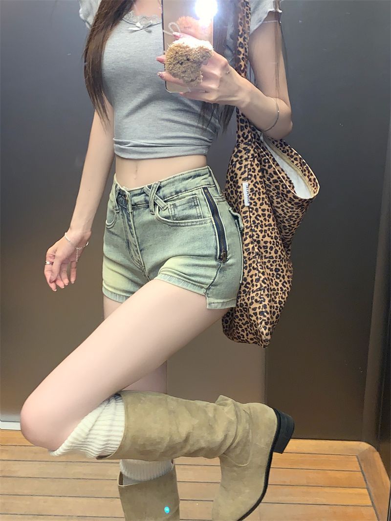 측면 지퍼 핫걸 레트로 데님 반바지 여성 여름 섹시함 로우 웨이스트 작은 키 초단바지 다용도 타이트 스커트 핫 바지