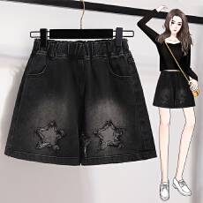 批发实拍黑色牛仔短裤女新款大码胖mm宽松<b class='q'>高腰</b>显瘦松紧腰a字阔腿<b class='q'>热裤</b>
