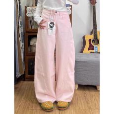 批发高个子樱花粉弯刀牛仔裤女宽松显瘦直筒阔腿拖地镰刀裤<b class='q'>子</b>秋季新款