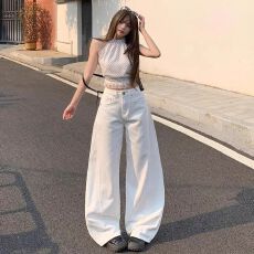 批发美式复古<b class='q'>白色</b>弯刀<b class='q'>牛仔裤</b>女夏季2026新款宽松显瘦阔腿拖地镰刀裤潮