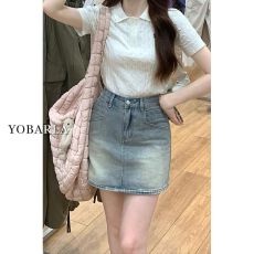 批发浅色高腰牛仔短裙女夏季新款小个子梨形身材遮肚子显瘦a字半身裙