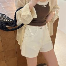 批发牛仔短裤女2026年<b class='q'>夏</b>日新款韩版高腰弹力米白色A字百搭阔腿热裤