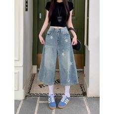 批发夏季新款复古高腰显瘦星星印花牛仔<b class='q'>裤</b>阔腿休闲七分<b class='q'>裤</b>中<b class='q'>裤</b>女