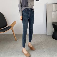 批发蓝灰色铅笔牛仔裤<b class='q'>女</b>2025春秋新款高腰弹力修身显瘦九分小脚紧身裤