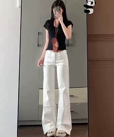 한 부서 미니멀리즘 루즈핏 아니요 막대기 다리 화이트 다용도 부츠컷 청바지 여성 가을 로우 웨이스트 도루 센스 호스 슈 롱 바지