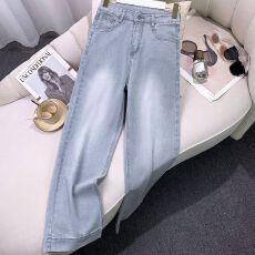 批发灰白色窄版阔腿牛仔裤女2026春夏新款<b class='q'>高腰</b>垂感宽松显瘦直筒裤子