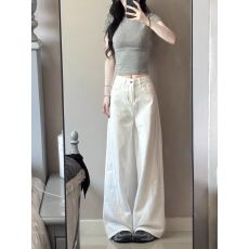 批发韩版简约<b class='q'>白色</b>弯刀设计感阔腿<b class='q'>牛仔裤</b>女春夏高腰宽松显瘦遮肉长裤子