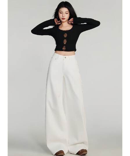 루즈핏 화이트 넓은 다리 스트레이트 청바지 폭발 새로운 하이웨이스트 여름 바닥 청소 도루 센스 슬림해 보이는 바닥 청소 롱 바지