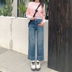 批发小个子加绒直筒牛仔裤女2026春夏新款高腰弹力宽松显瘦<b class='q'>九分</b>阔腿裤