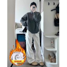 批发美式<b class='q'>白</b>色加绒直筒牛仔裤女秋冬季新款小个子宽松直筒高腰牛仔长裤