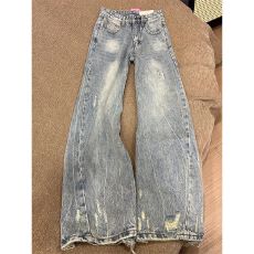 批发浅蓝色乞丐破洞牛仔裤女夏季美式复古vibe裤子cleanfit微喇阔腿裤